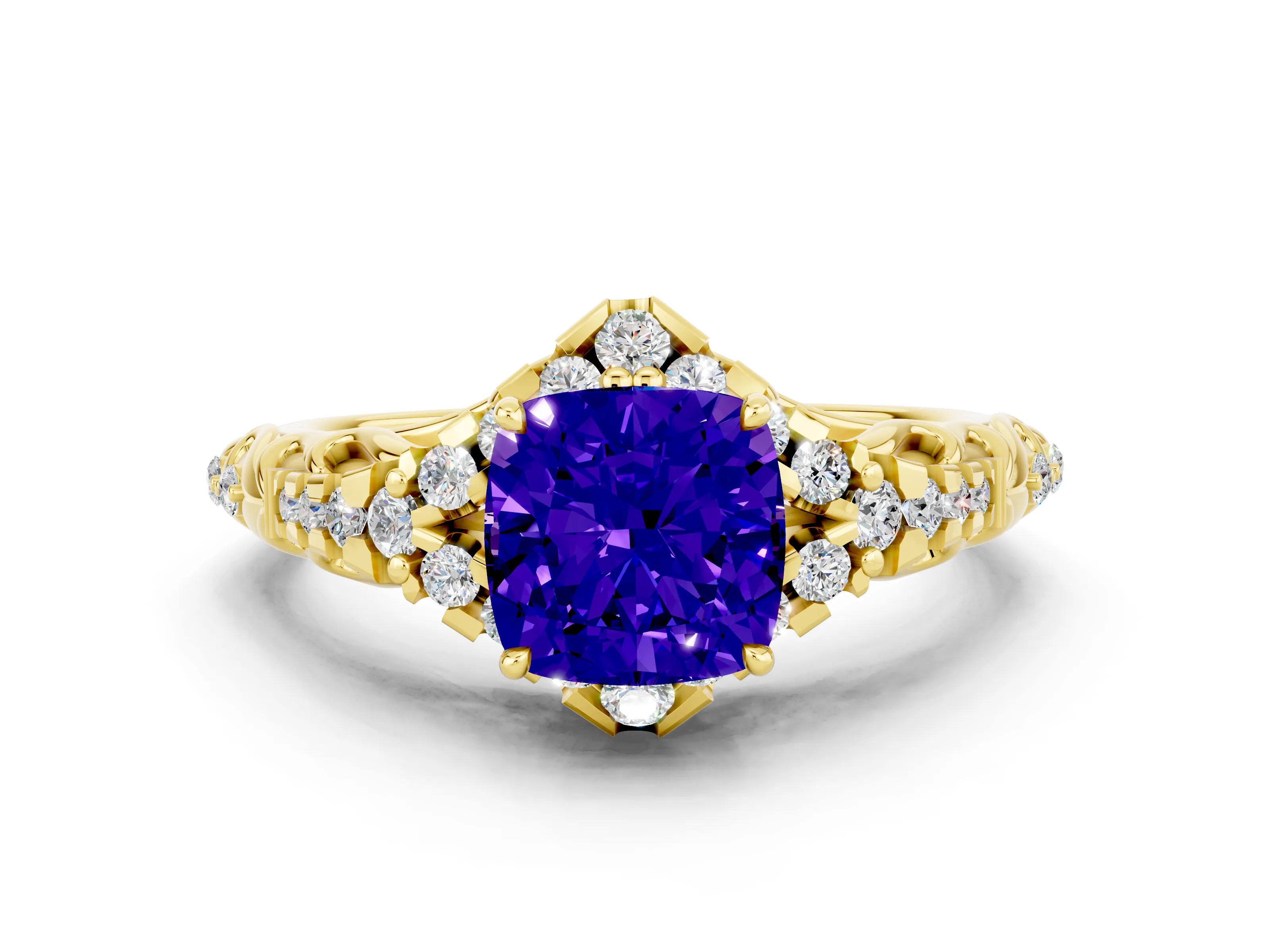 Yellow gold Cushion Cut Tanzanite Solitaire Ring with Hidden Halo and Pavé Band_12