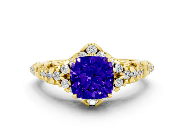 Yellow gold Cushion Cut Tanzanite Solitaire Ring with Hidden Halo and Pavé Band