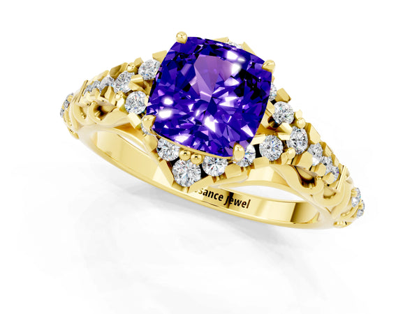 Yellow gold Cushion Cut Tanzanite Solitaire Ring with Hidden Halo and Pavé Band