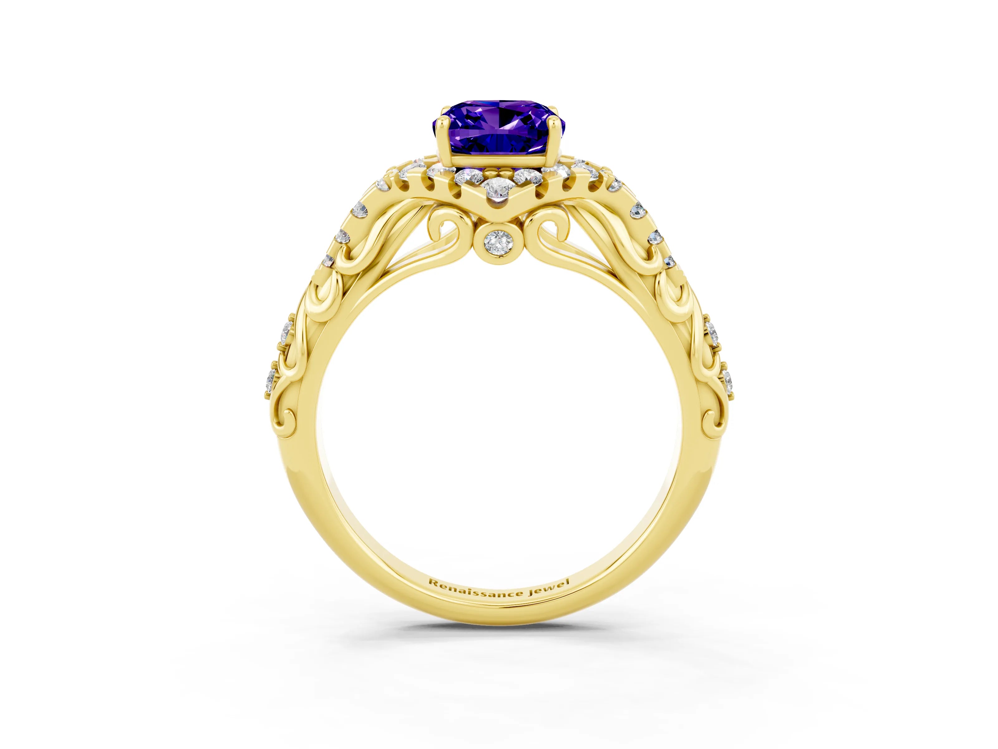 Yellow gold Cushion Cut Tanzanite Solitaire Ring with Hidden Halo and Pavé Band_15