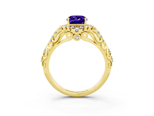 Yellow gold Cushion Cut Tanzanite Solitaire Ring with Hidden Halo and Pavé Band