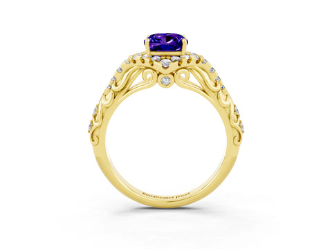 Yellow gold Cushion Cut Tanzanite Solitaire Ring with Hidden Halo and Pavé Band_15