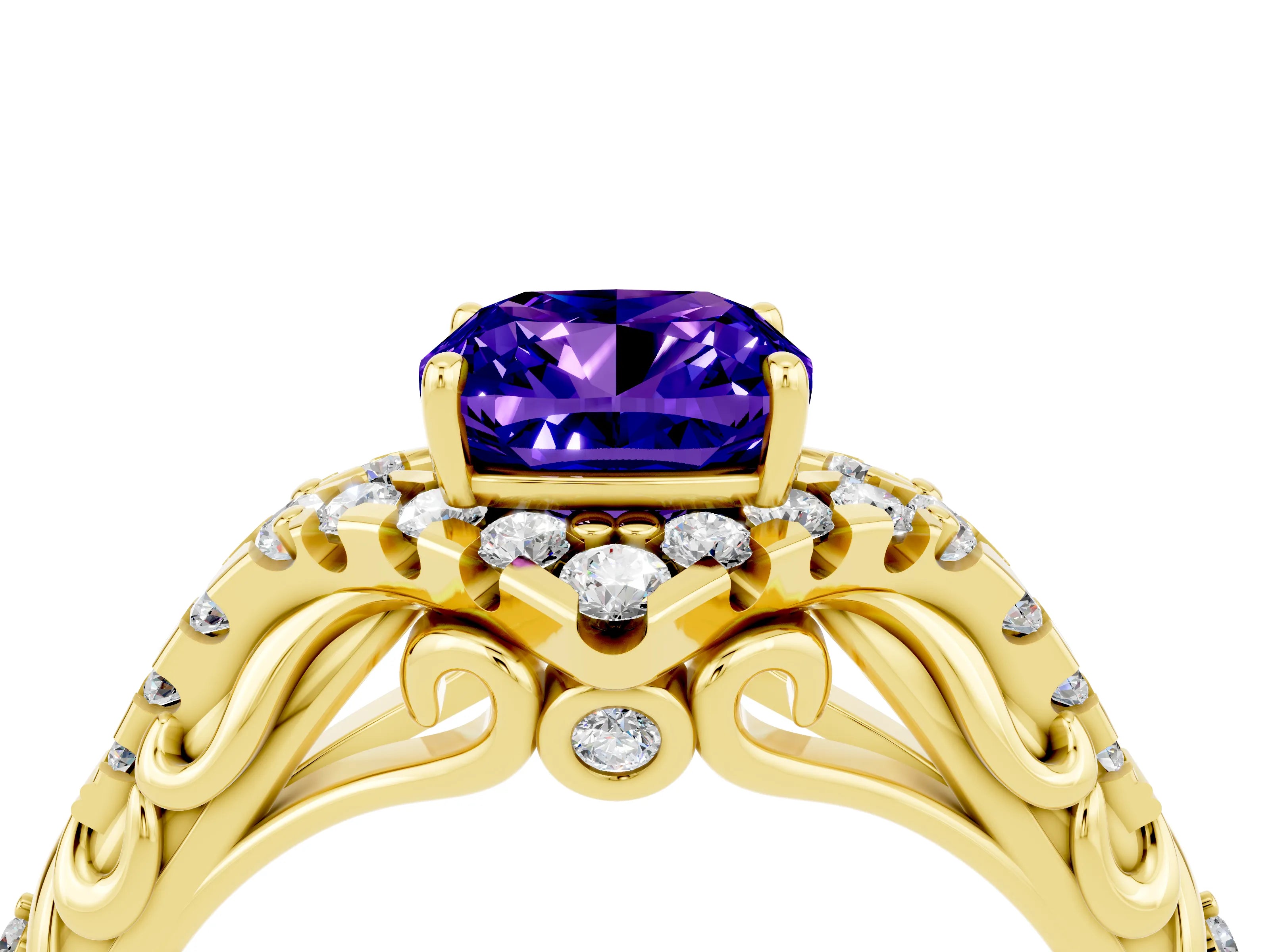 Yellow gold Cushion Cut Tanzanite Solitaire Ring with Hidden Halo and Pavé Band_16
