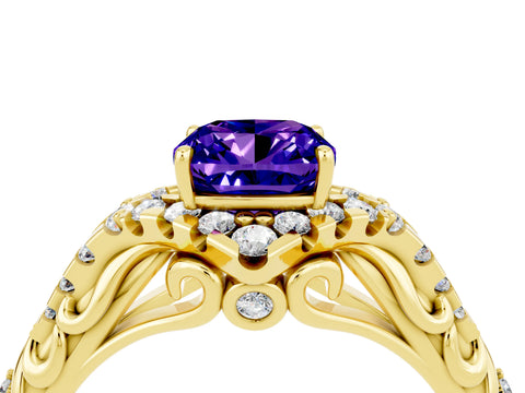 Yellow gold Cushion Cut Tanzanite Solitaire Ring with Hidden Halo and Pavé Band_16