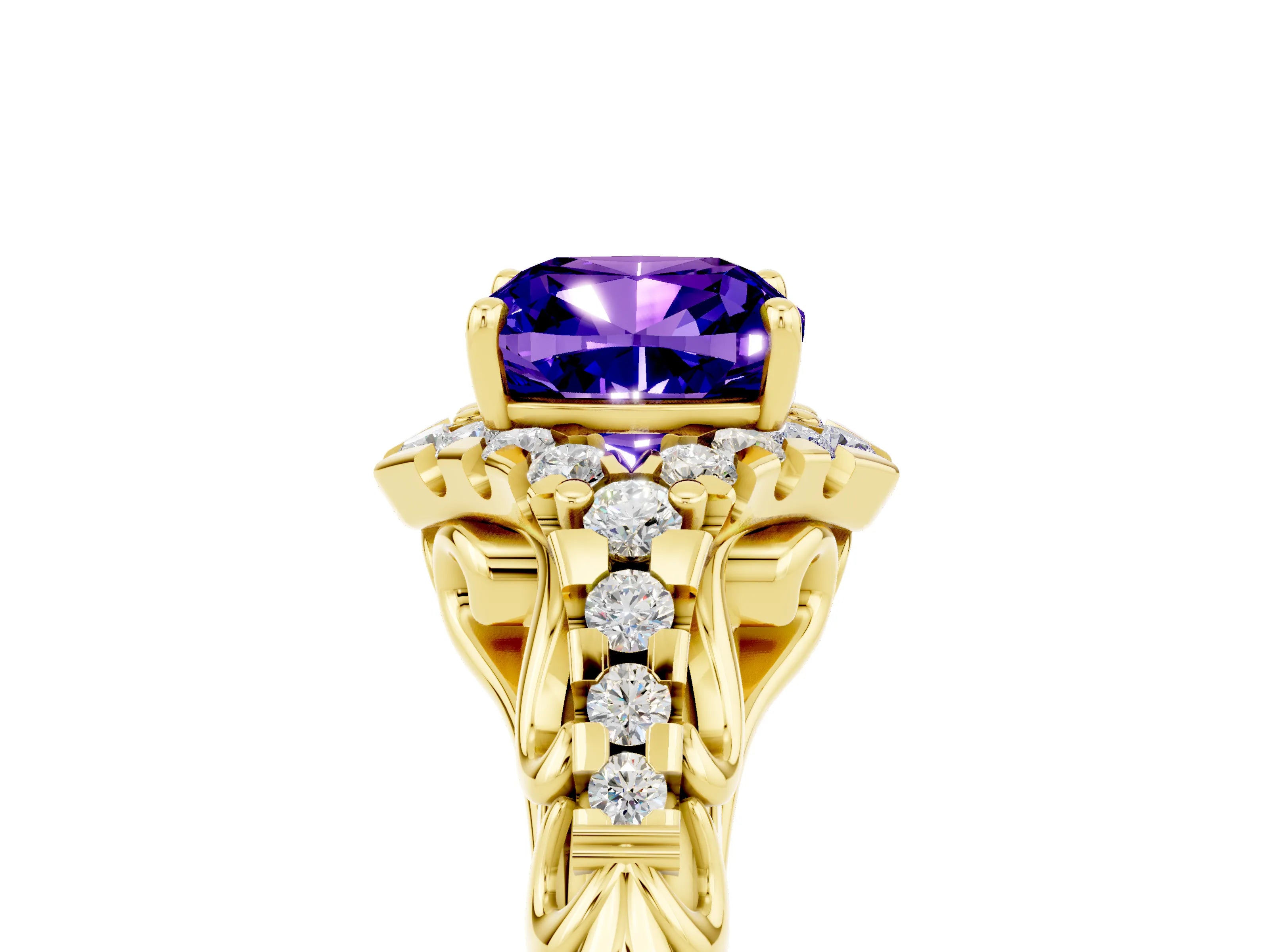 Yellow gold Cushion Cut Tanzanite Solitaire Ring with Hidden Halo and Pavé Band_17