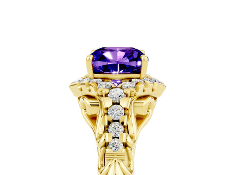 Yellow gold Cushion Cut Tanzanite Solitaire Ring with Hidden Halo and Pavé Band_17