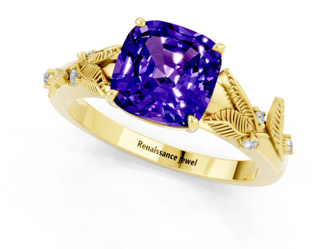 Yellow gold Cushion Cut Tanzanite Solitaire Ring with Leaf Motif Band and Four-Prong Setting_1