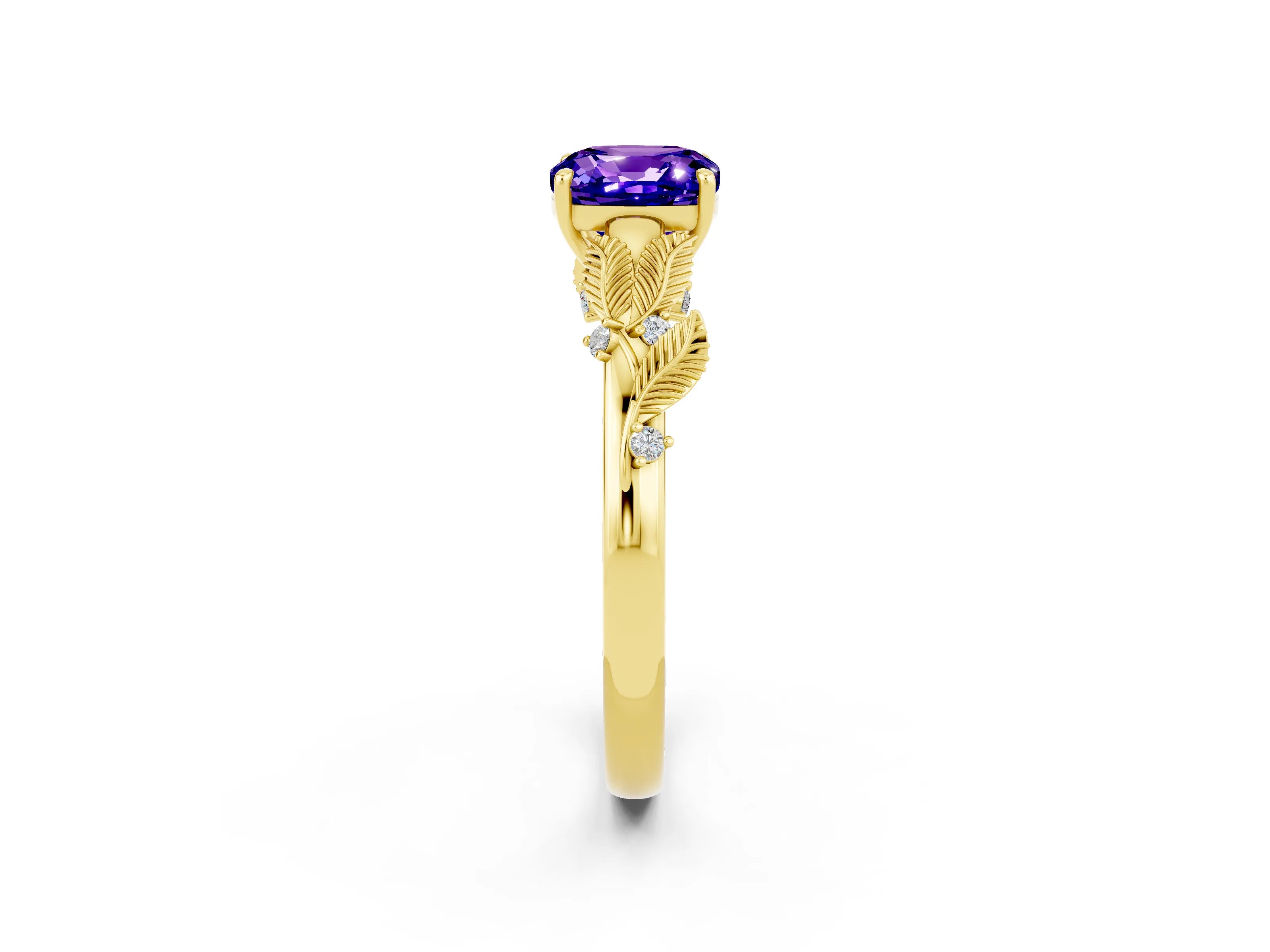 Yellow gold Cushion Cut Tanzanite Solitaire Ring with Leaf Motif Band and Four-Prong Setting_2
