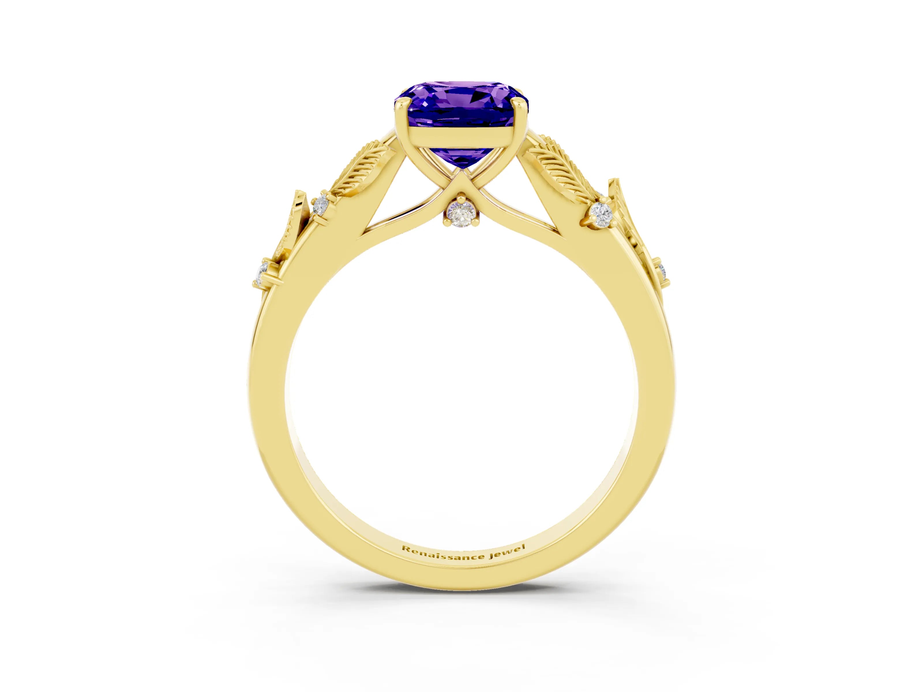 Yellow gold Cushion Cut Tanzanite Solitaire Ring with Leaf Motif Band and Four-Prong Setting_3