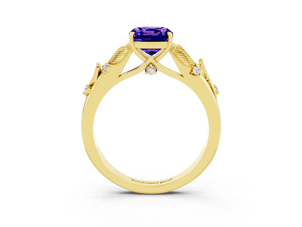Yellow gold Cushion Cut Tanzanite Solitaire Ring with Leaf Motif Band and Four-Prong Setting