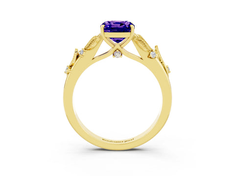 Yellow gold Cushion Cut Tanzanite Solitaire Ring with Leaf Motif Band and Four-Prong Setting_3
