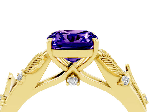 Yellow gold Cushion Cut Tanzanite Solitaire Ring with Leaf Motif Band and Four-Prong Setting_4