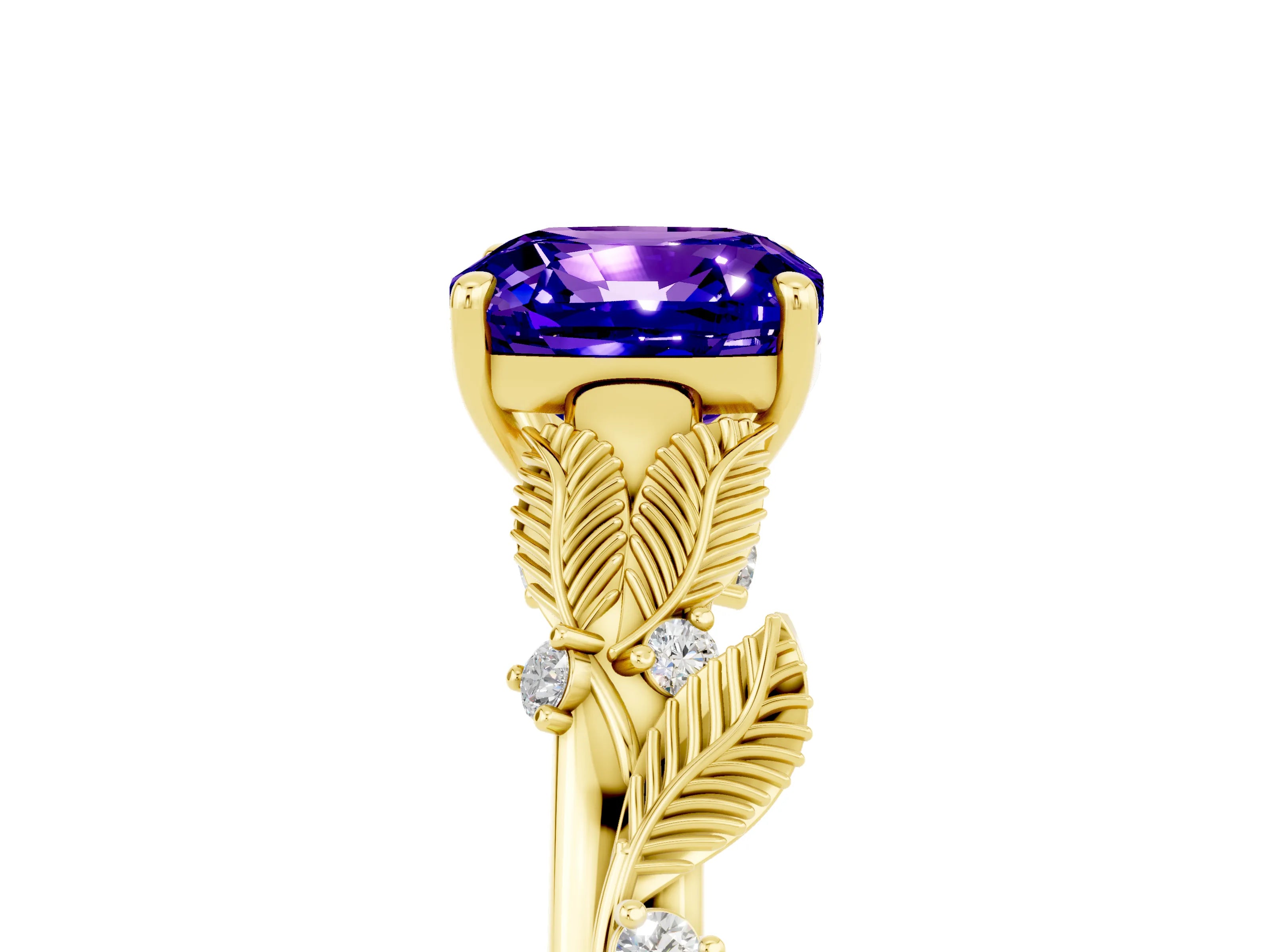Yellow gold Cushion Cut Tanzanite Solitaire Ring with Leaf Motif Band and Four-Prong Setting_5