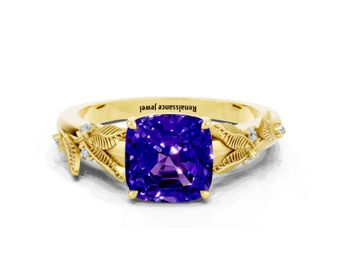 Yellow gold Cushion Cut Tanzanite Solitaire Ring with Leaf Motif Band and Four-Prong Setting