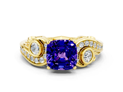 Yellow gold Cushion Cut Tanzanite Solitaire Ring with Milgrain Pavé Band and Four-Prong Setting_24