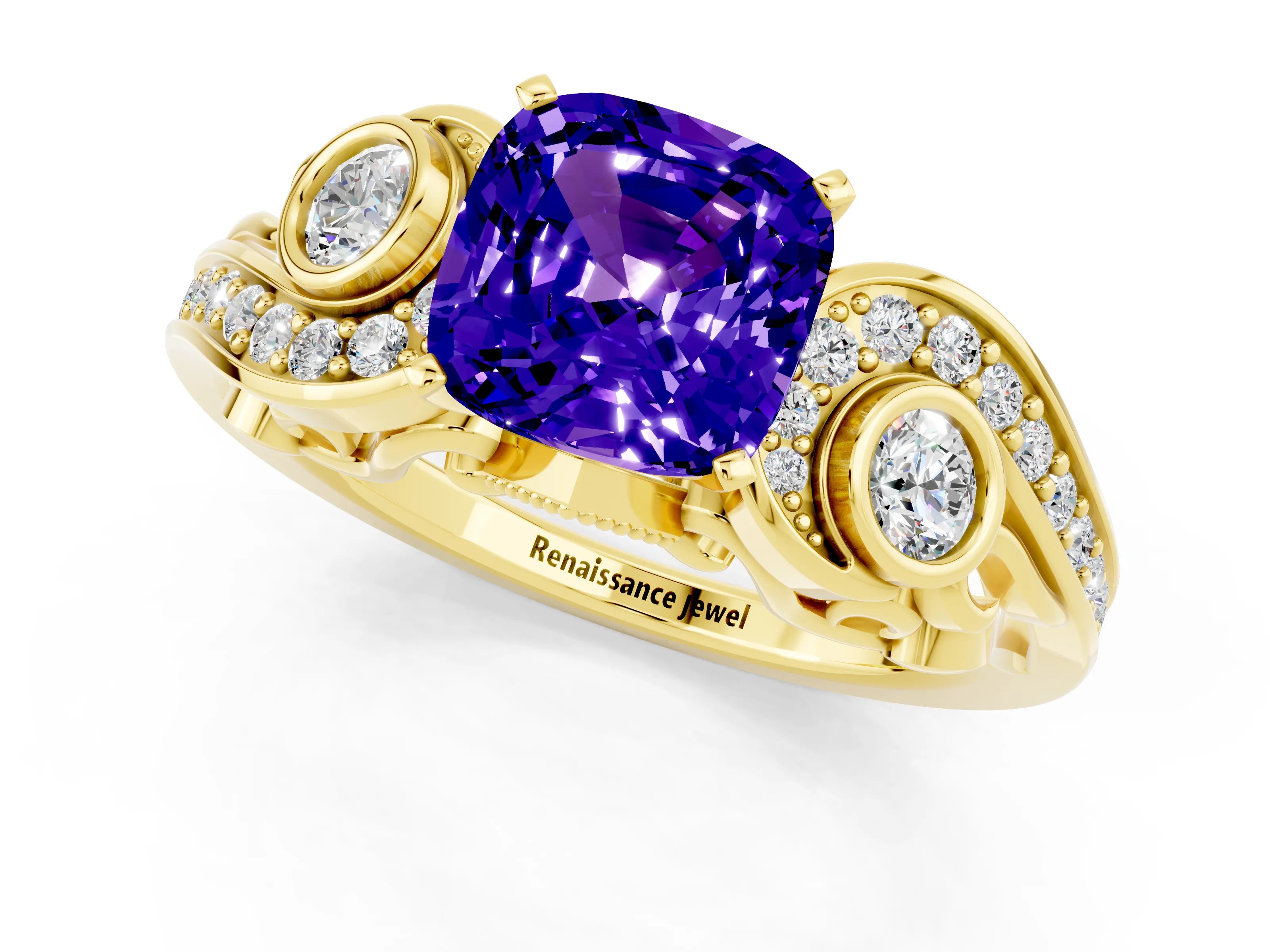 Yellow gold Cushion Cut Tanzanite Solitaire Ring with Milgrain Pavé Band and Four-Prong Setting_25