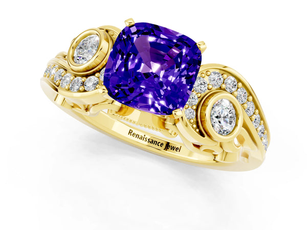 Yellow gold Cushion Cut Tanzanite Solitaire Ring with Milgrain Pavé Band and Four-Prong Setting