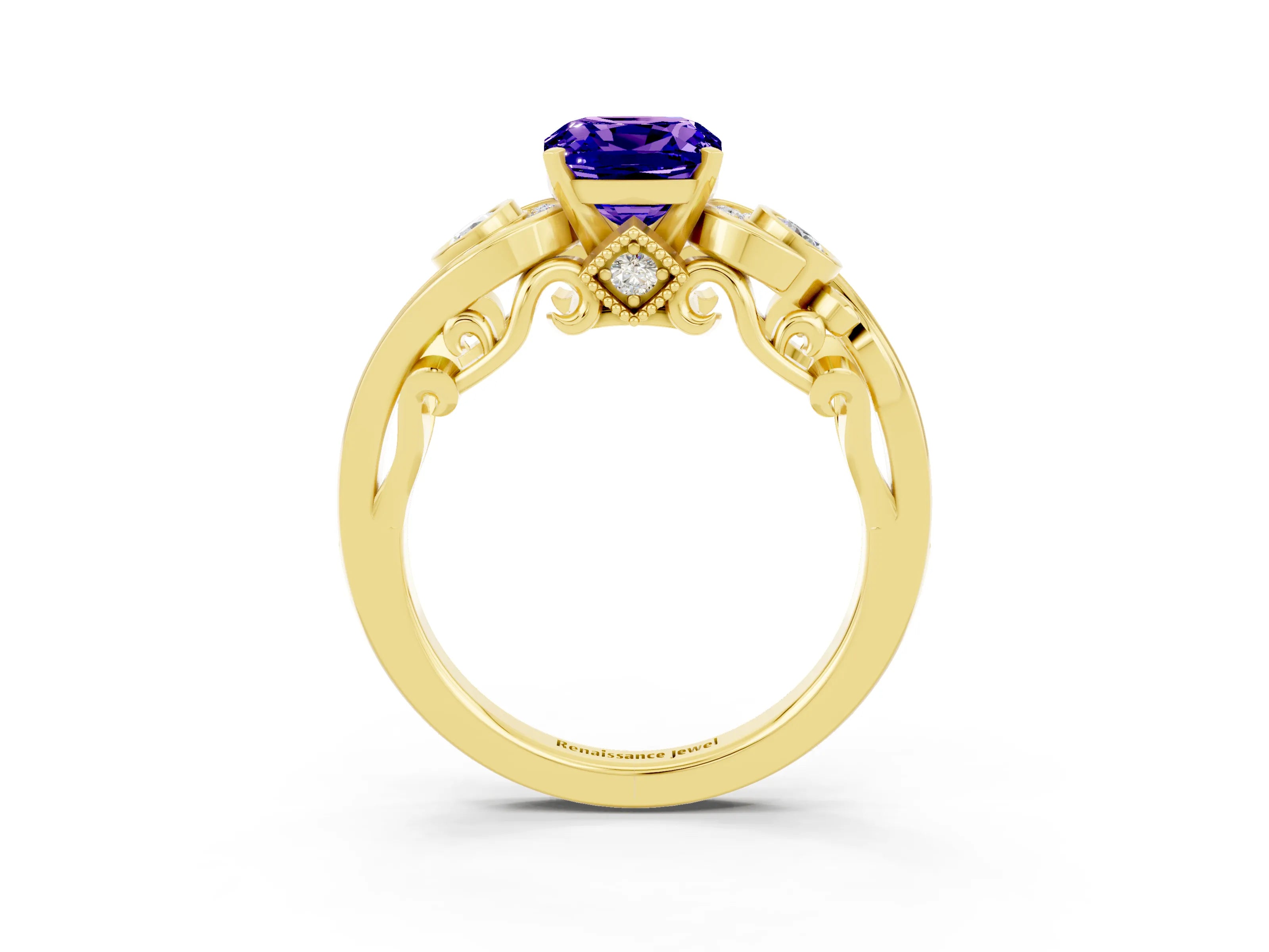 Yellow gold Cushion Cut Tanzanite Solitaire Ring with Milgrain Pavé Band and Four-Prong Setting_27