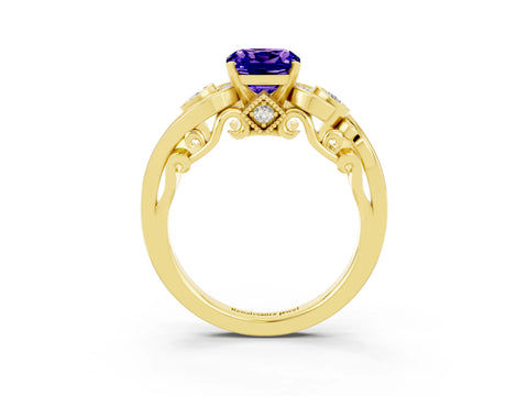 Yellow gold Cushion Cut Tanzanite Solitaire Ring with Milgrain Pavé Band and Four-Prong Setting_27