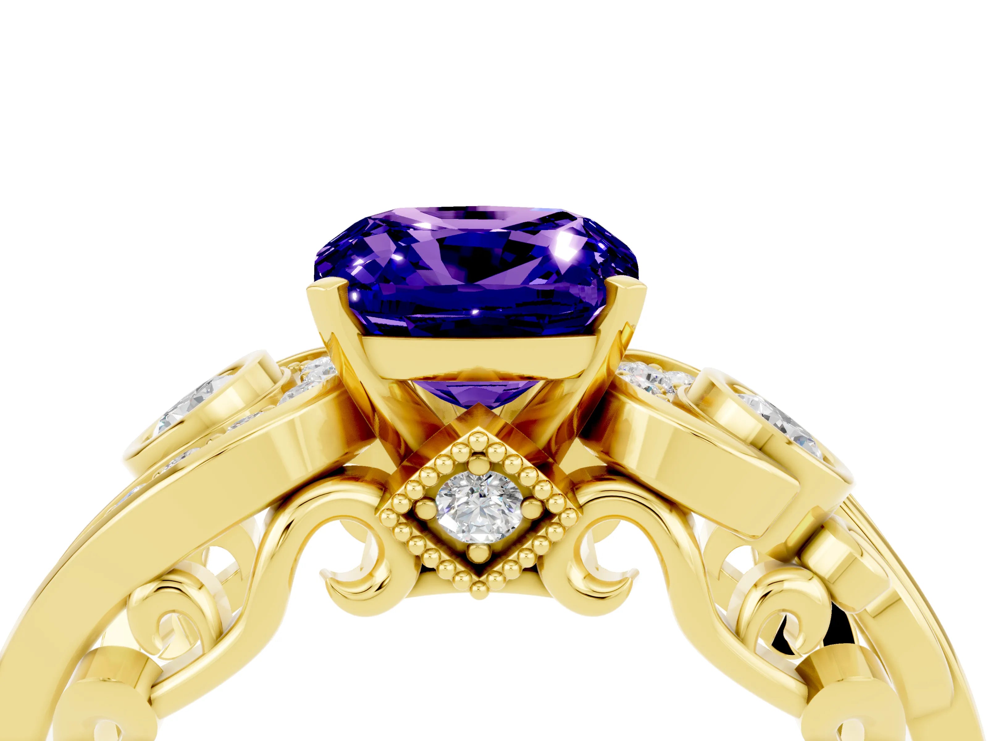 Yellow gold Cushion Cut Tanzanite Solitaire Ring with Milgrain Pavé Band and Four-Prong Setting_28