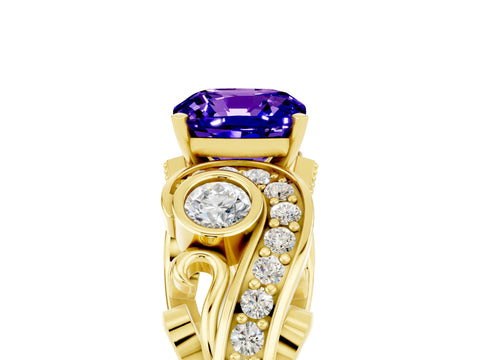Yellow gold Cushion Cut Tanzanite Solitaire Ring with Milgrain Pavé Band and Four-Prong Setting_29