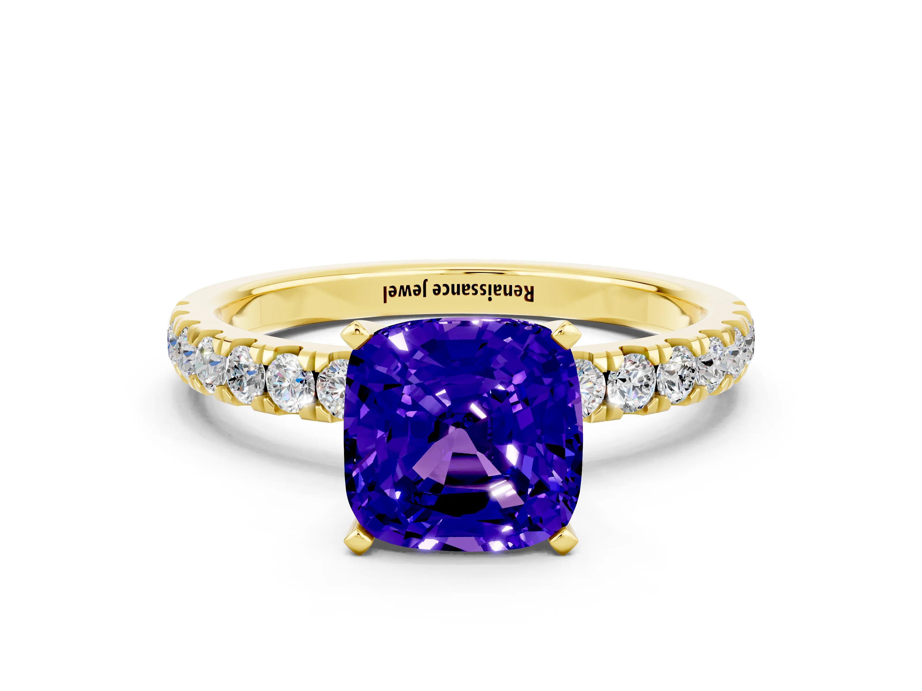Yellow gold Cushion Cut Tanzanite Solitaire Ring with Pavé Accents and Four-Prong Setting