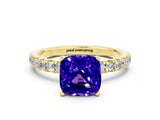 Yellow gold Cushion Cut Tanzanite Solitaire Ring with Pavé Accents and Four-Prong Setting