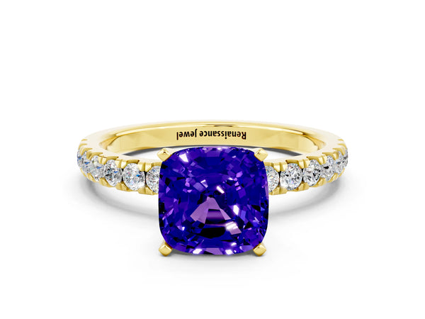 Yellow gold Cushion Cut Tanzanite Solitaire Ring with Pavé Accents and Four-Prong Setting