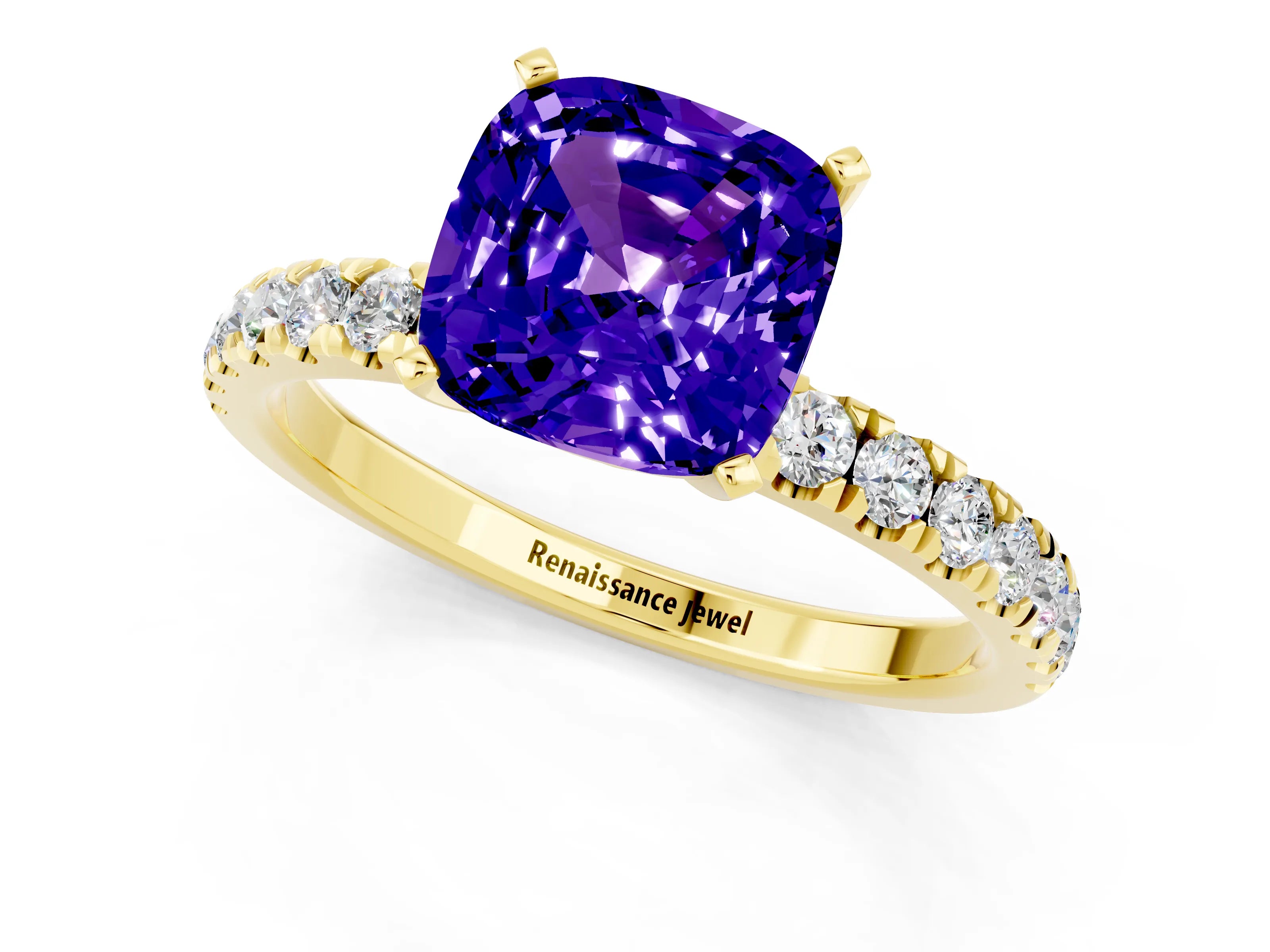 Yellow gold Cushion Cut Tanzanite Solitaire Ring with Pavé Accents and Four-Prong Setting_1