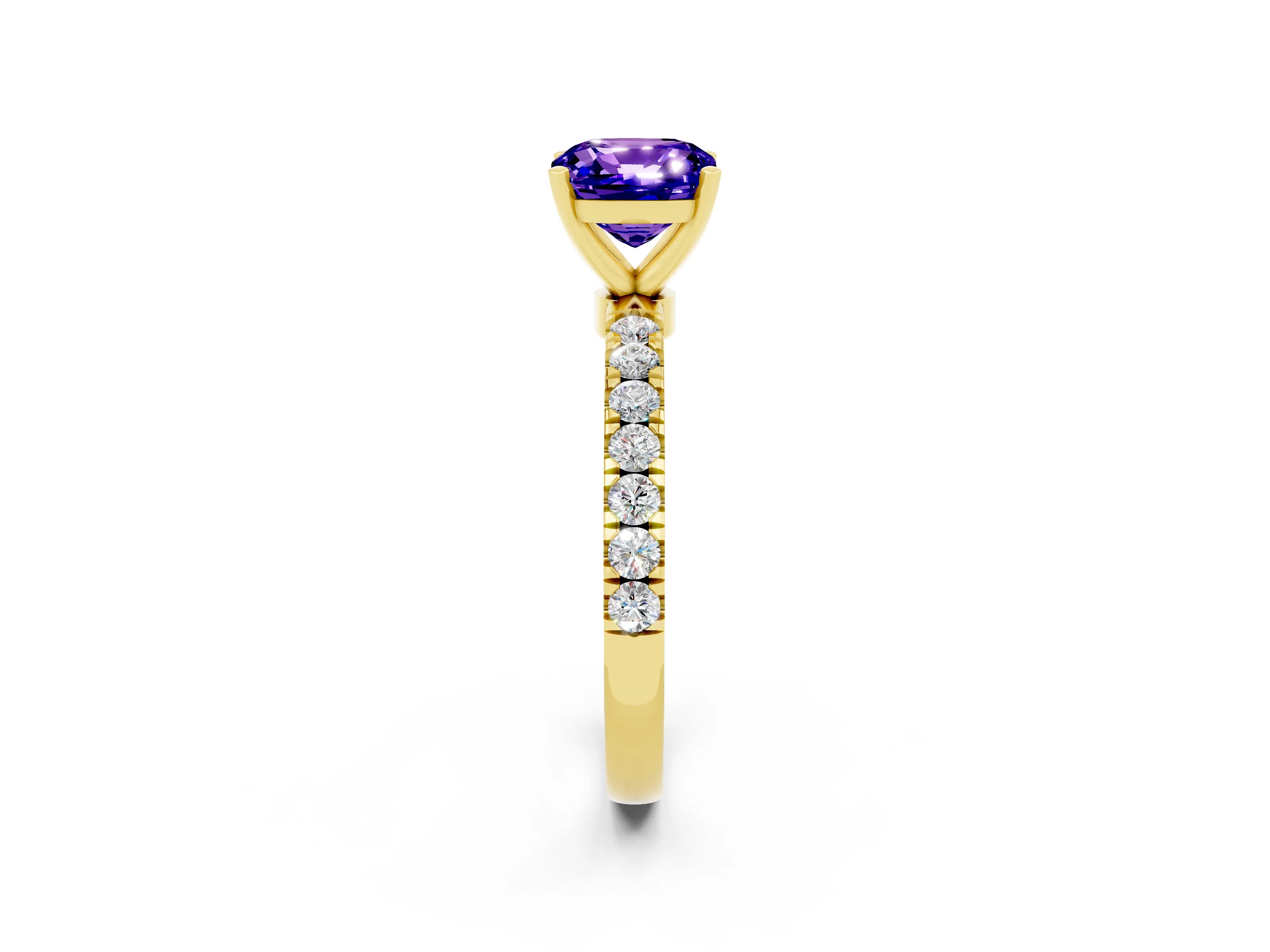 Yellow gold Cushion Cut Tanzanite Solitaire Ring with Pavé Accents and Four-Prong Setting_2