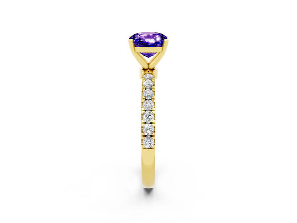 Yellow gold Cushion Cut Tanzanite Solitaire Ring with Pavé Accents and Four-Prong Setting