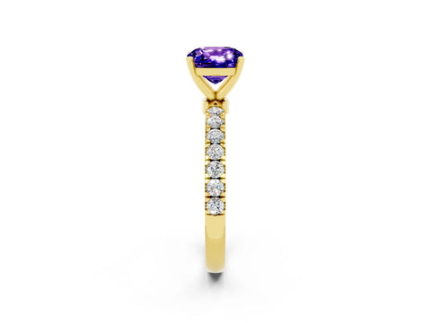 Yellow gold Cushion Cut Tanzanite Solitaire Ring with Pavé Accents and Four-Prong Setting_2