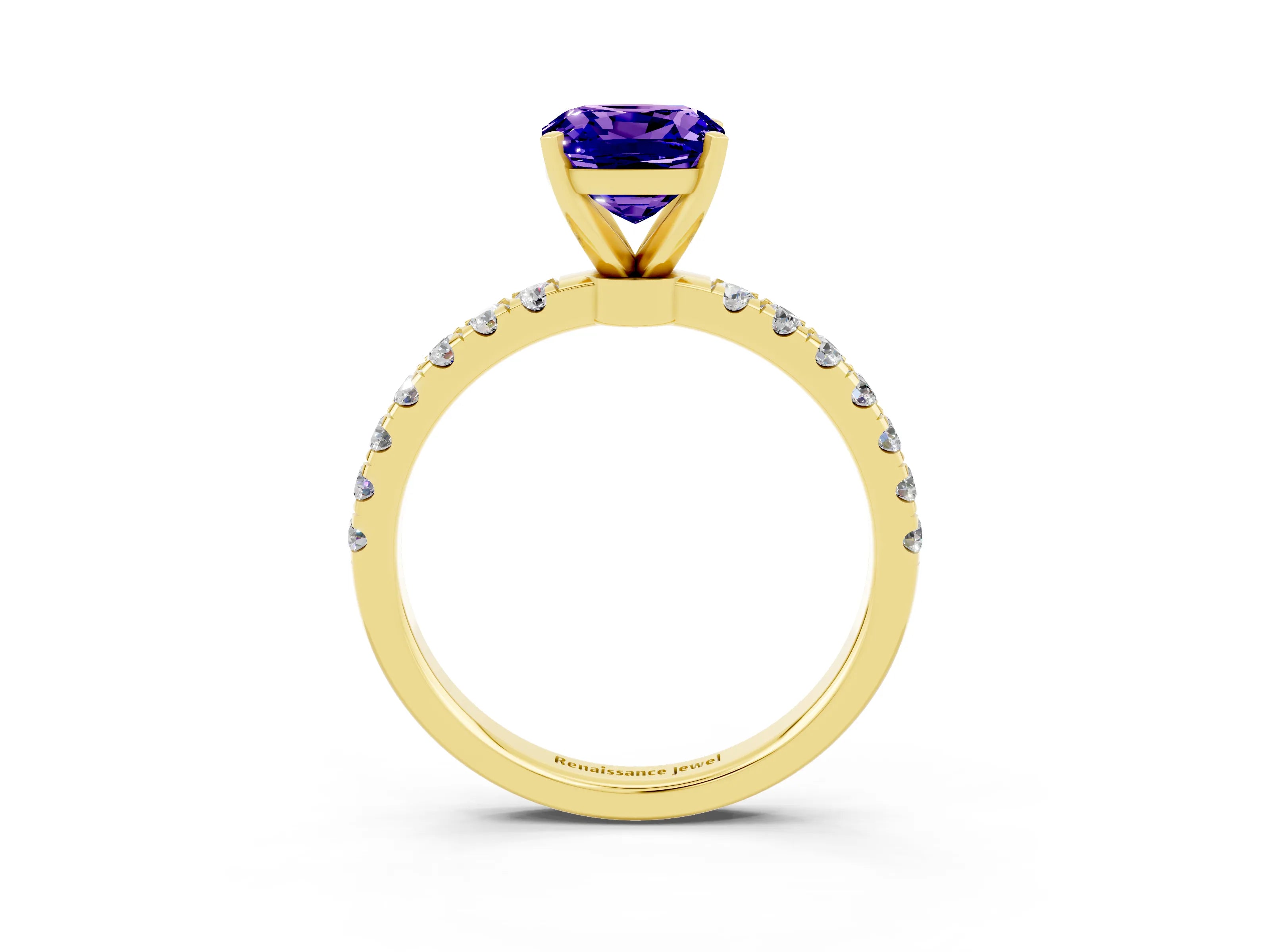 Yellow gold Cushion Cut Tanzanite Solitaire Ring with Pavé Accents and Four-Prong Setting_3