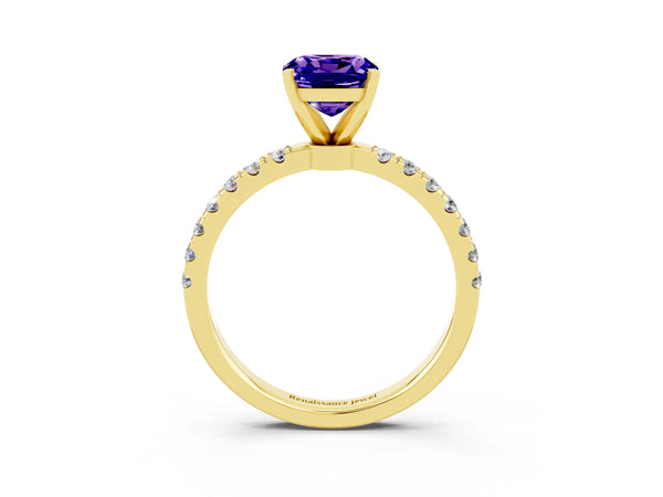 Yellow gold Cushion Cut Tanzanite Solitaire Ring with Pavé Accents and Four-Prong Setting