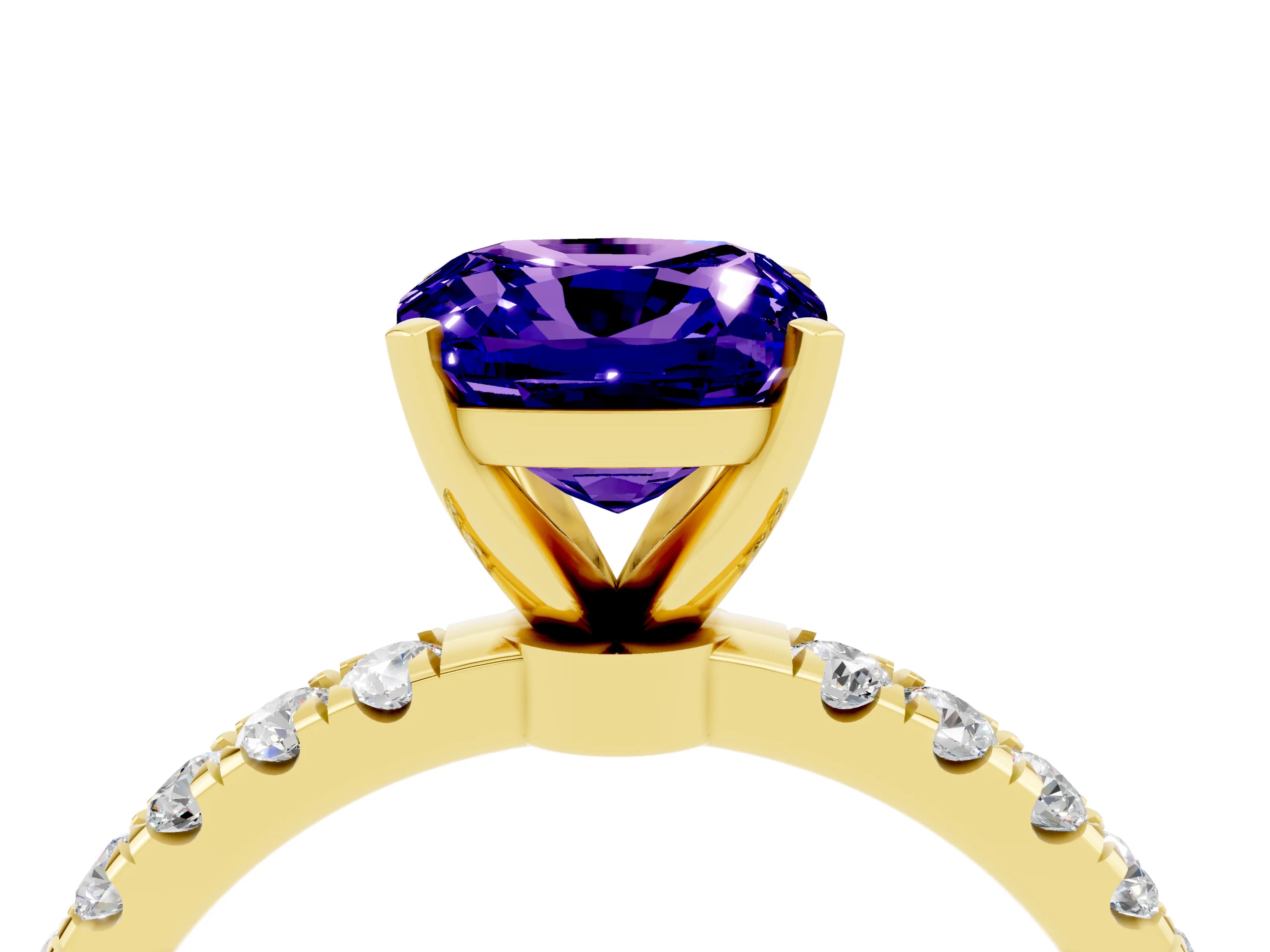 Yellow gold Cushion Cut Tanzanite Solitaire Ring with Pavé Accents and Four-Prong Setting_4