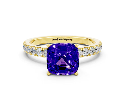 Yellow gold Cushion Cut Tanzanite Solitaire Ring with Pavé Accents and Four-Prong Setting