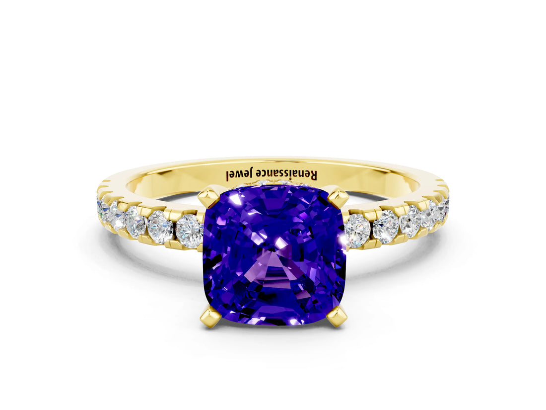 Yellow gold Cushion Cut Tanzanite Solitaire Ring with Pavé Band and Four-Prong Setting_12
