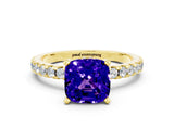 Yellow gold Cushion Cut Tanzanite Solitaire Ring with Pavé Band and Four-Prong Setting_12