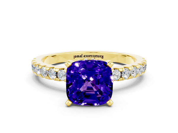Yellow gold Cushion Cut Tanzanite Solitaire Ring with Round  Pavé Band and Four-Prong Setting
