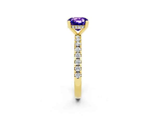 Yellow gold Cushion Cut Tanzanite Solitaire Ring with Round  Pavé Band and Four-Prong Setting