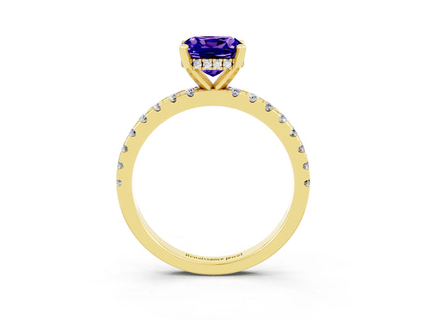 Yellow gold Cushion Cut Tanzanite Solitaire Ring with Round  Pavé Band and Four-Prong Setting