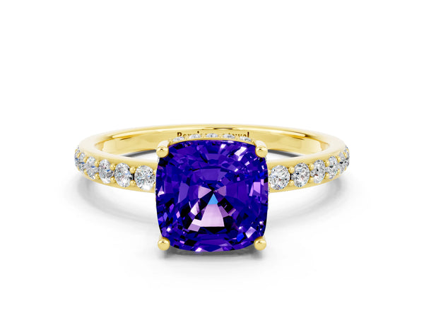 Yellow gold Cushion Cut Tanzanite Solitaire Ring with Pavé Band and Hidden Halo