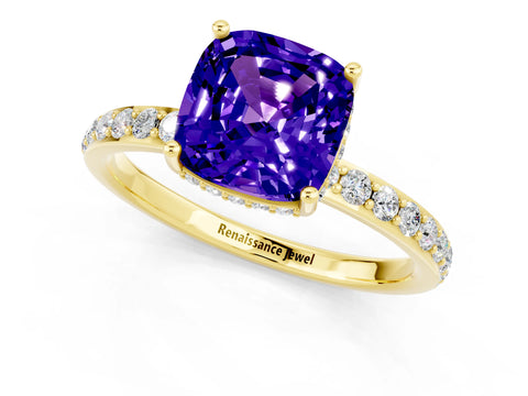 Yellow gold Cushion Cut Tanzanite Solitaire Ring with Pavé Band and Hidden Halo_13