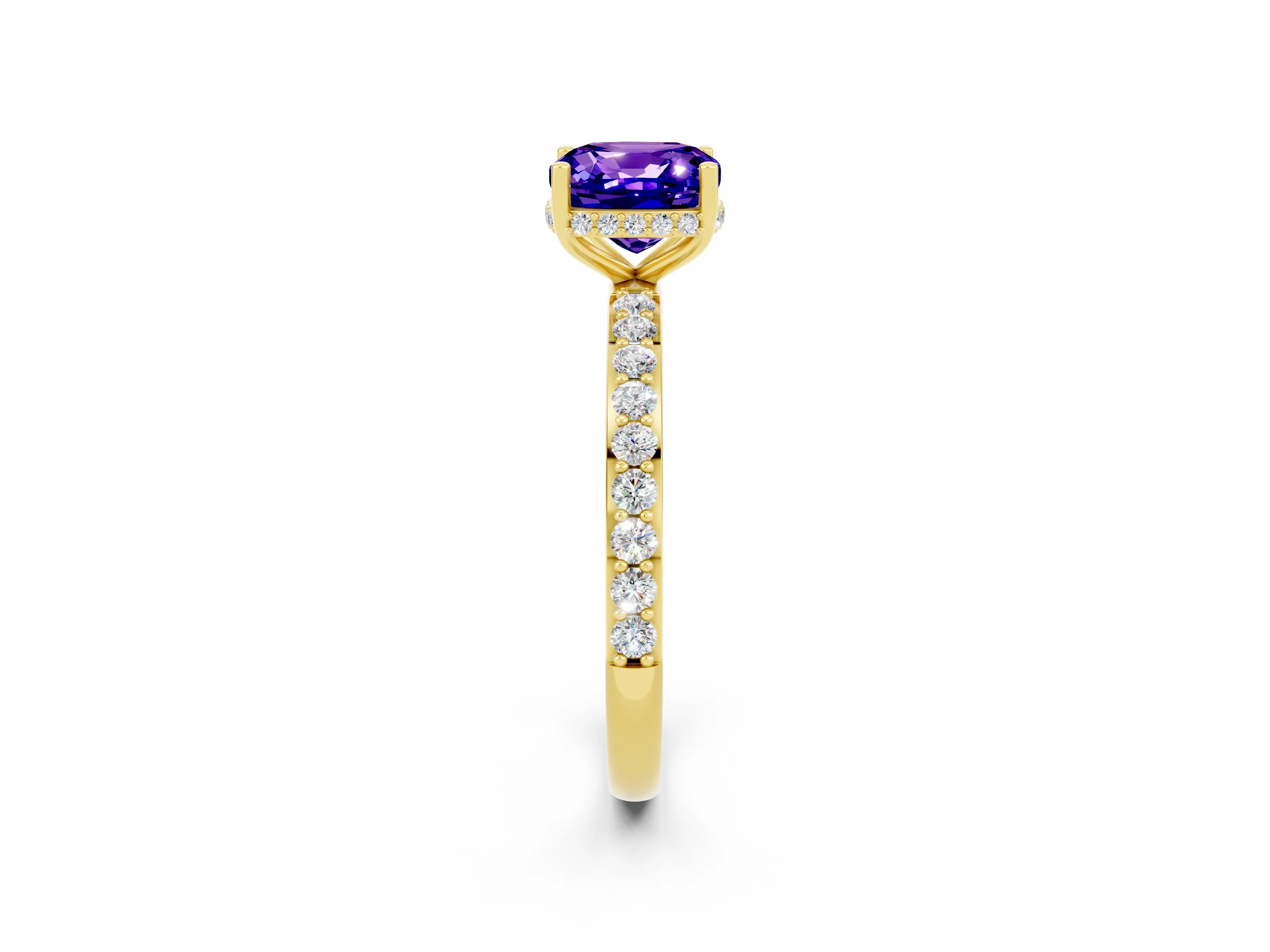 Yellow gold Cushion Cut Tanzanite Solitaire Ring with Pavé Band and Hidden Halo_14