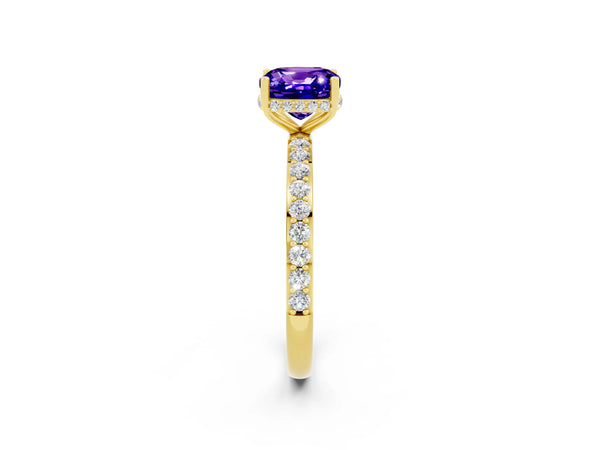 Yellow gold Cushion Cut Tanzanite Solitaire Ring with Pavé Band and Hidden Halo