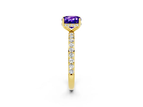 Yellow gold Cushion Cut Tanzanite Solitaire Ring with Pavé Band and Hidden Halo_14