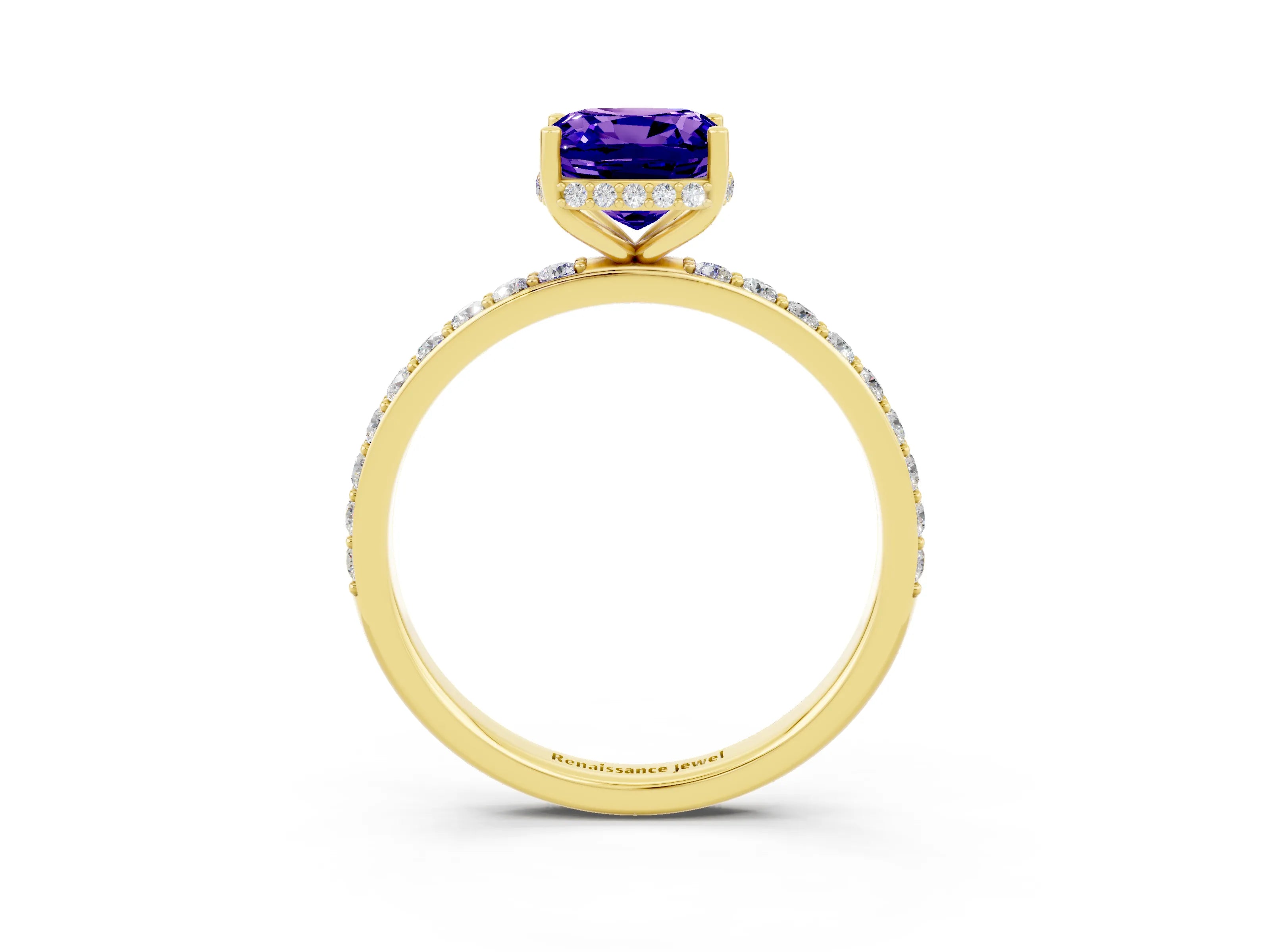 Yellow gold Cushion Cut Tanzanite Solitaire Ring with Pavé Band and Hidden Halo_15