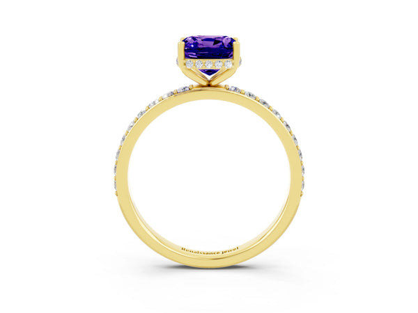 Yellow gold Cushion Cut Tanzanite Solitaire Ring with Pavé Band and Hidden Halo