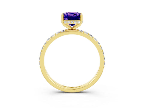 Yellow gold Cushion Cut Tanzanite Solitaire Ring with Pavé Band and Hidden Halo_15