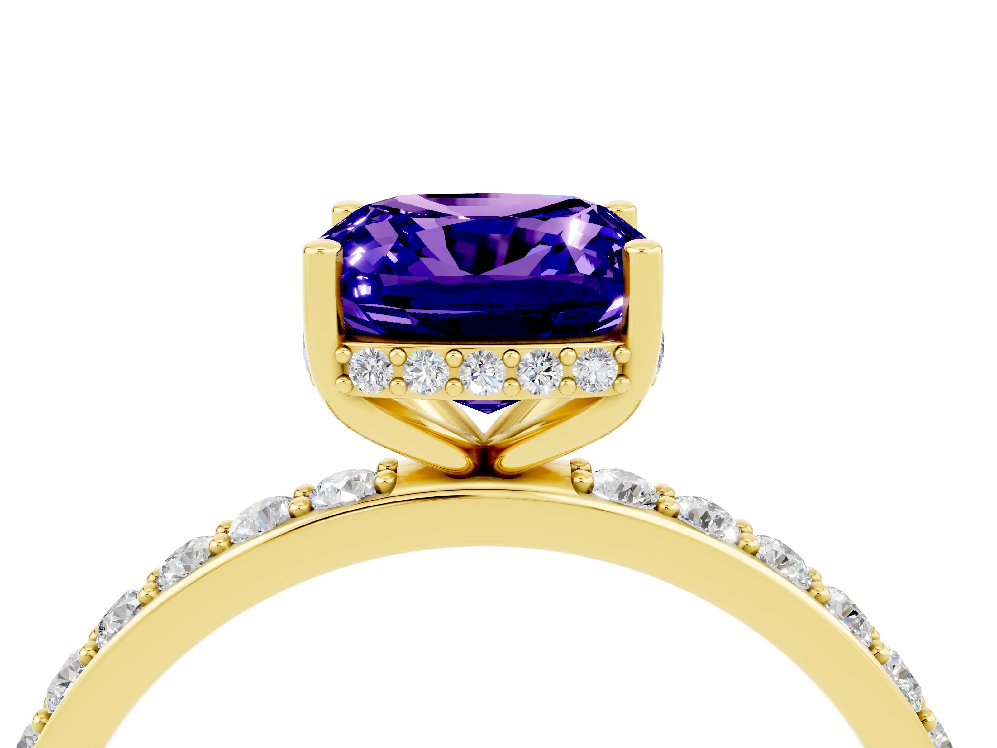 Yellow gold Cushion Cut Tanzanite Solitaire Ring with Pavé Band and Hidden Halo_16